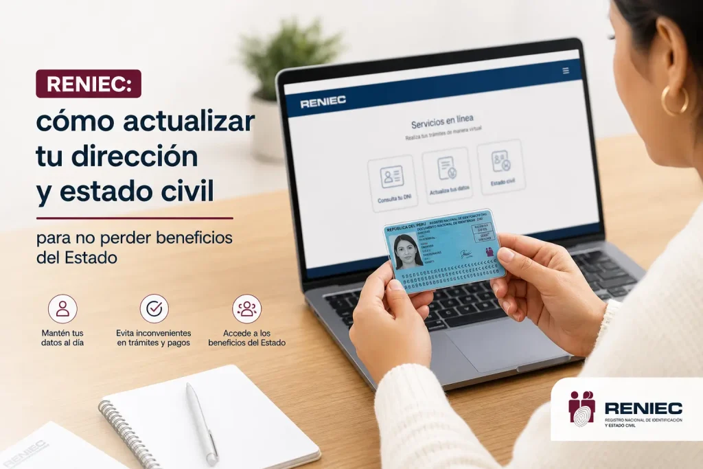 Mulher acessando RENIEC para atualizar dados pessoais e benefícios