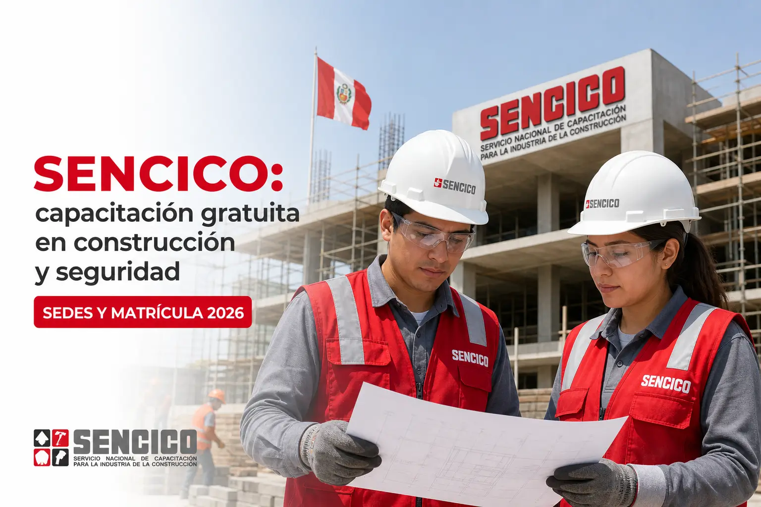 Dois aprendizes de construção revisam planos em um canteiro SENCICO