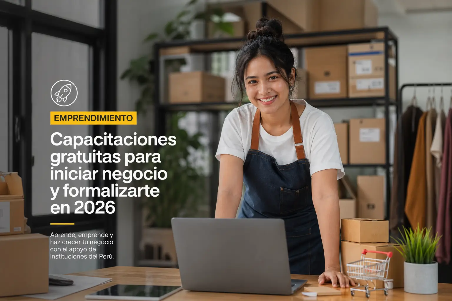 Mulher empreendedora com laptop e pacotes planejando 2026