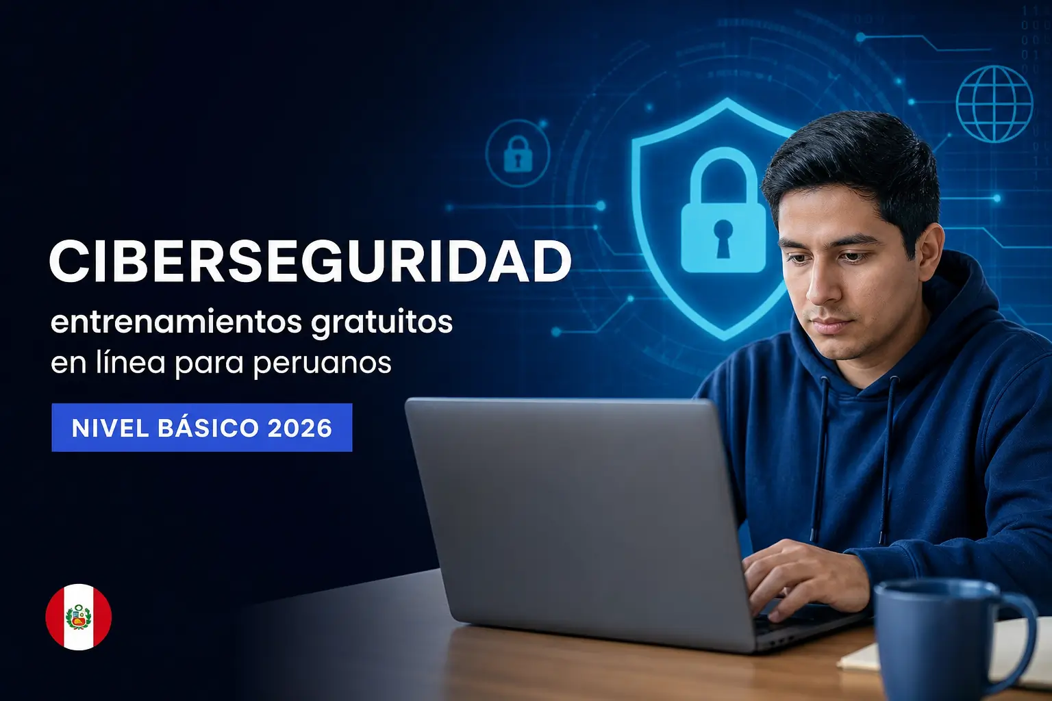 Jovem com hoodie azul em laptop com ícones de cibersegurança e texto 'entrenamientos gratuitos para peruanos'