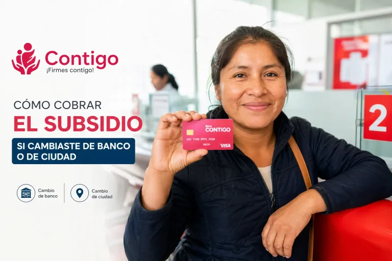 Mulher segurando cartão Bono Contigo em escritório com texto em espanhol