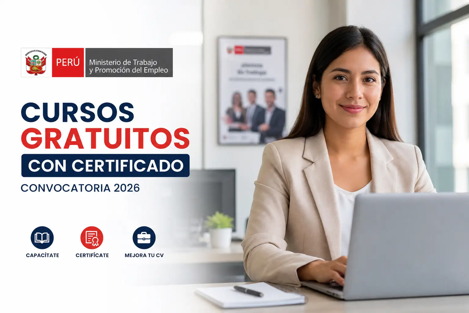 Mulher trabalhando em laptop com texto 'Cursos Gratuitos com Certificado'