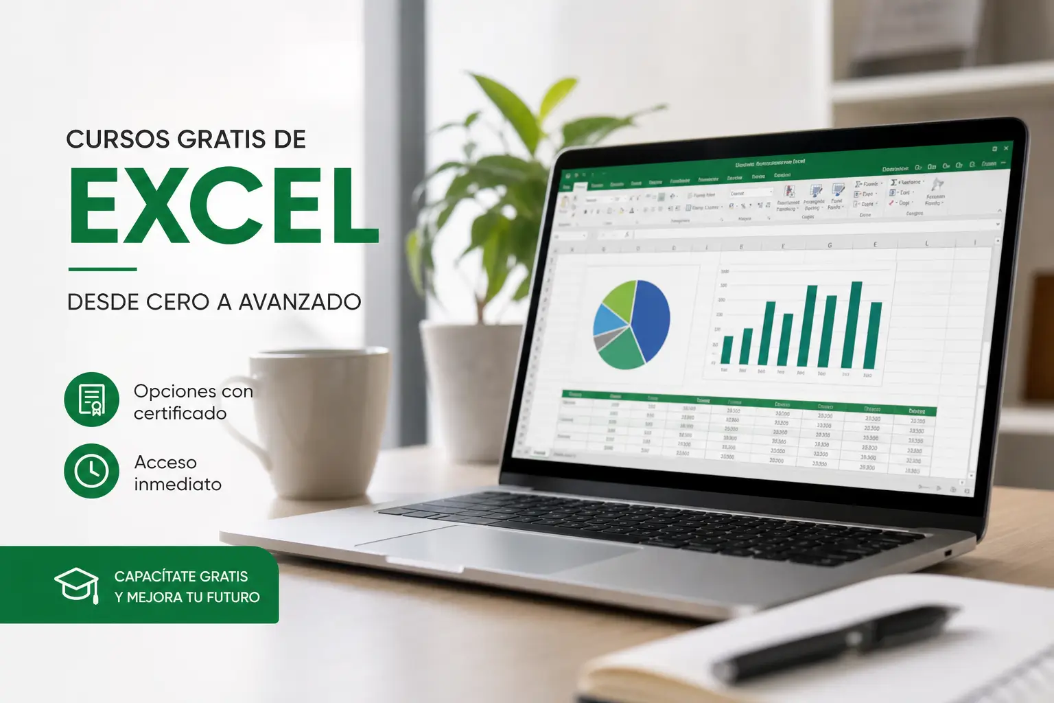 Banner com laptop e planilha Excel para cursos gratis