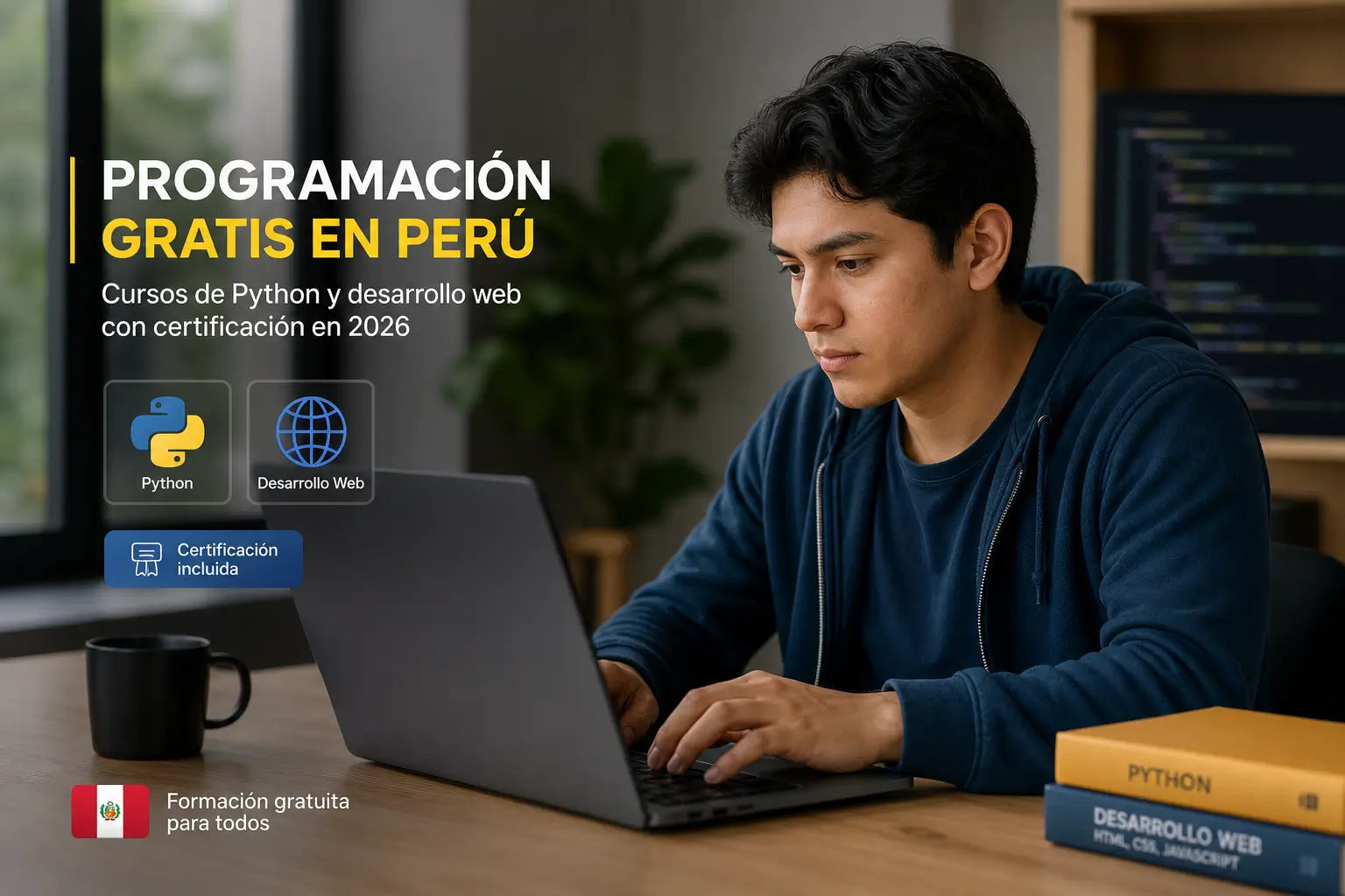 Jovem programando com banner 'Programação grátis em Peru'