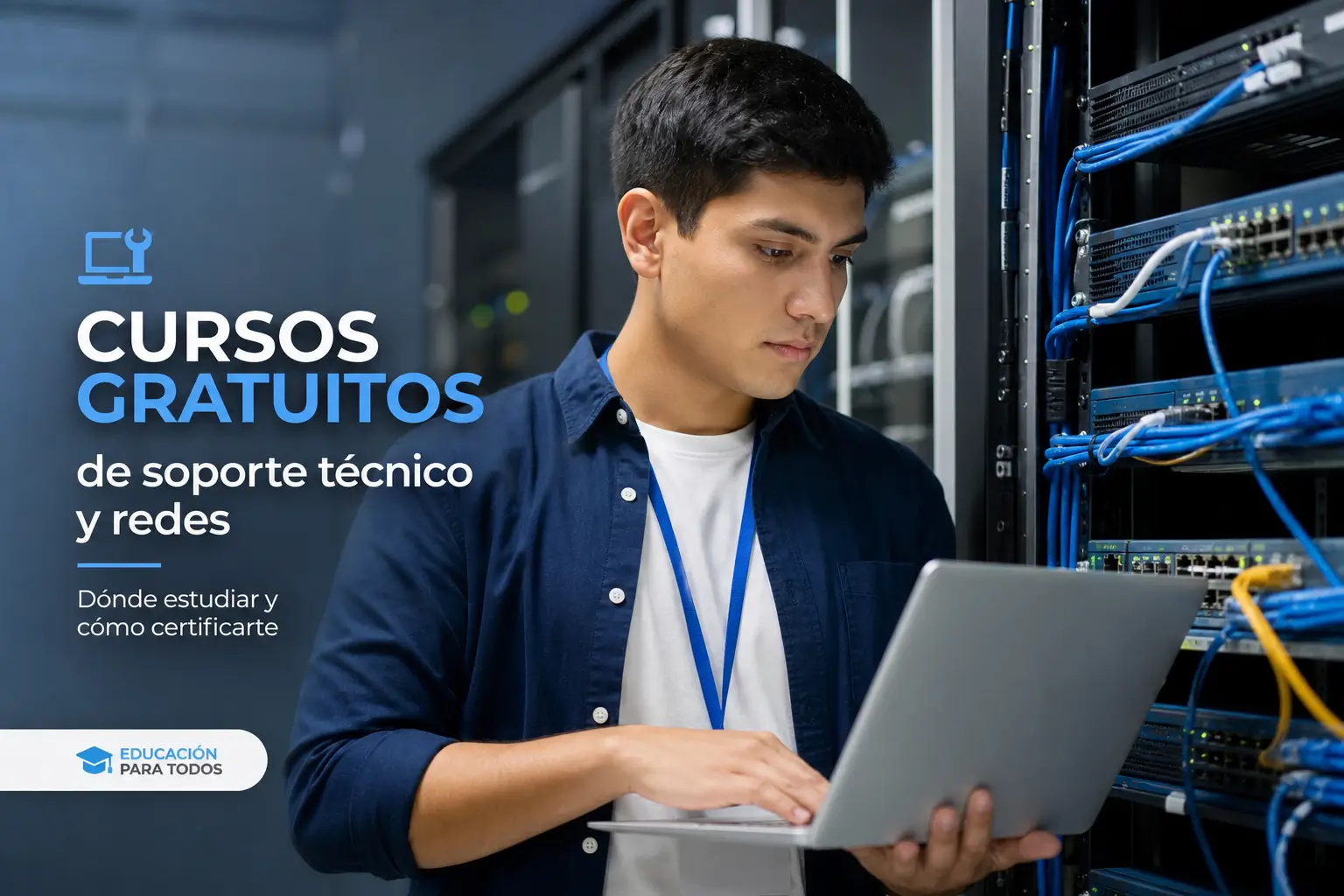Técnico jovem com tablet em rack de servidores, cursos gratuitos