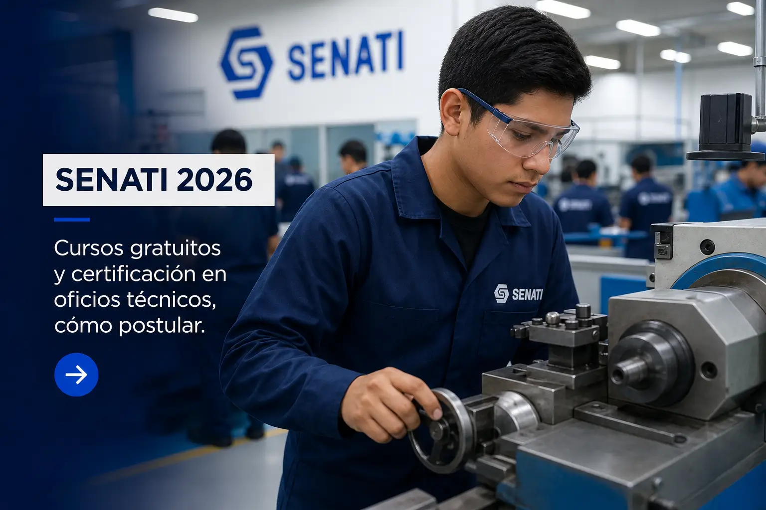 Técnico jovem no SENATI 2026 em oficina com ferramenta de metal