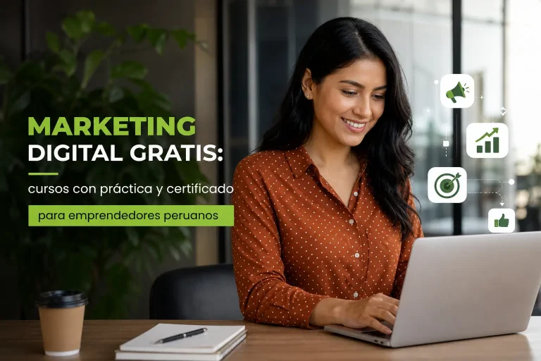 Mulher sorrindo trabalhando em laptop com ícones de marketing digital
