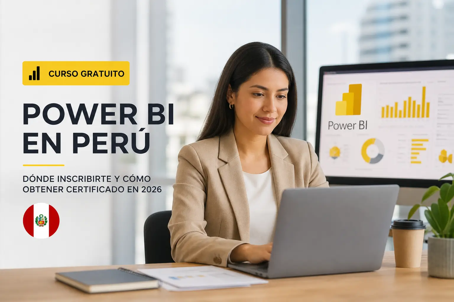 Mulher profissional com laptop e gráficos Power BI